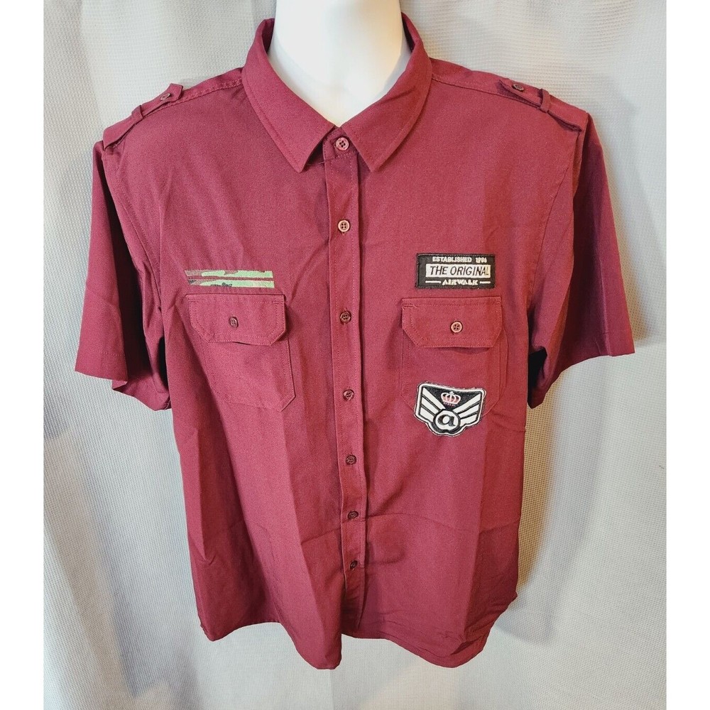 Airwalk Men Button Down Shirt XL Burgundy‎ Long Sleeve Patches Military